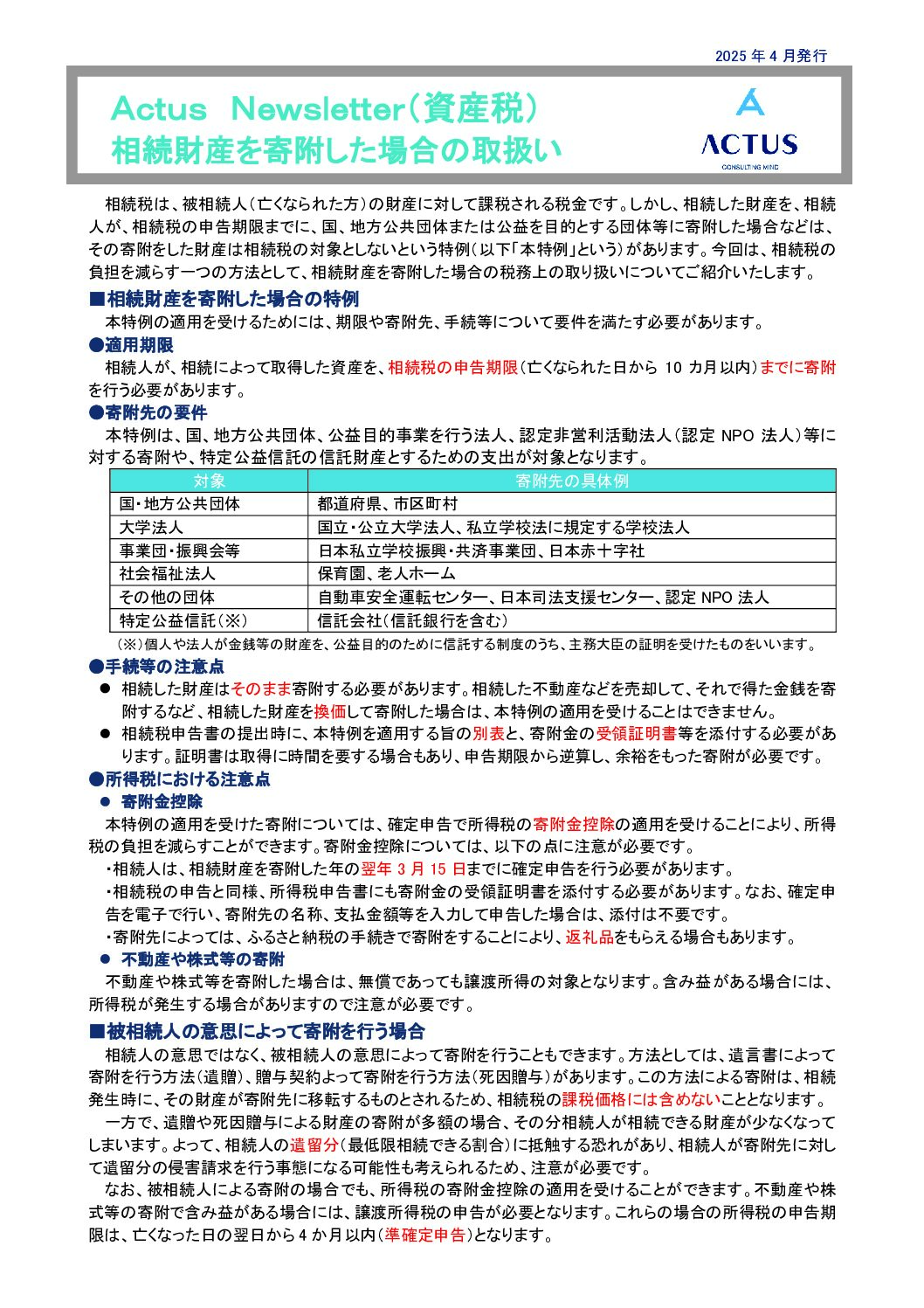 相続財産を寄附した場合の取扱い